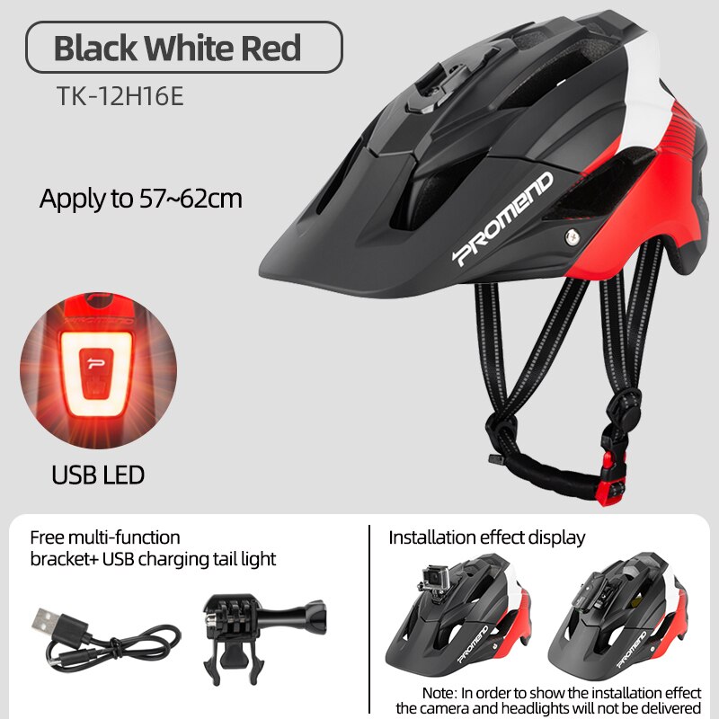 PROMEND – casque de vélo de descente, lumières LED, gopro, support de caméra, pour cyclisme sur route, Sport de plein air, équitation, pour hommes: Black R Taillight