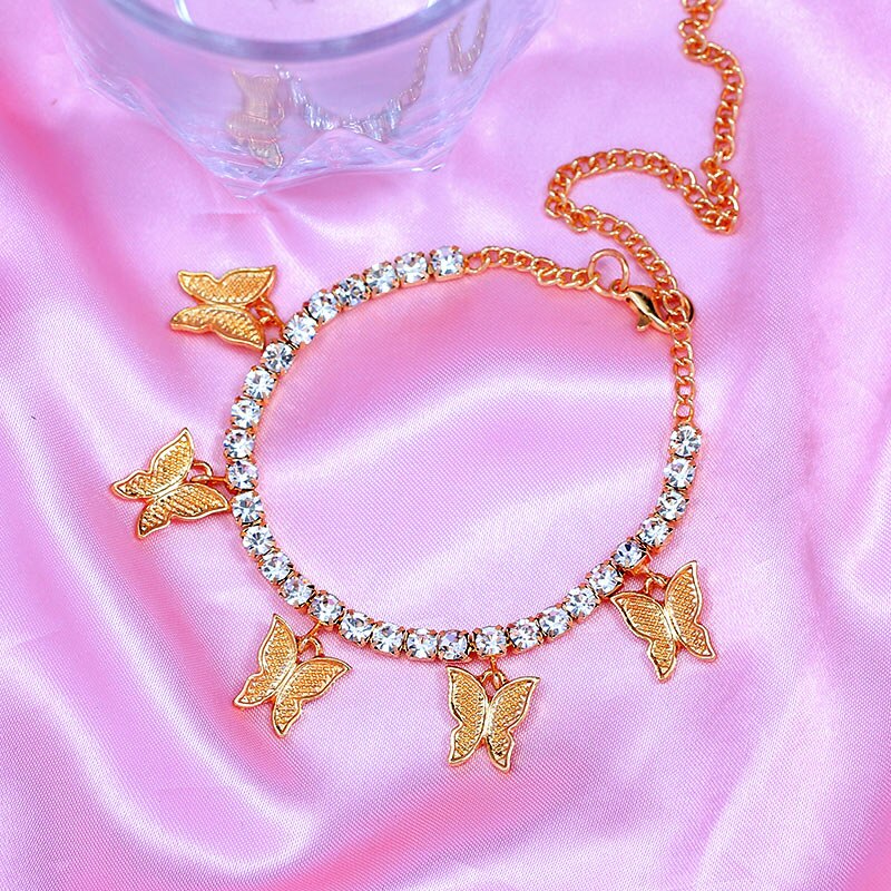 Gold Silver Color Rhinestone Tennis Anklet Jewelry for Women Crystal Butterfly Pendant Anklet Beach Foot Chain