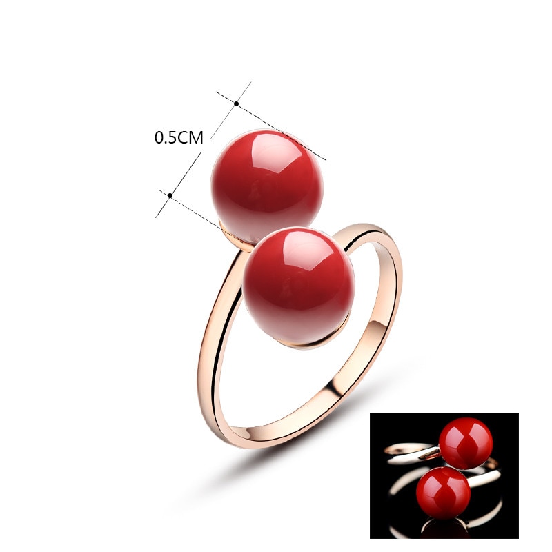 KCALOE Adjustable Ring Cute Double Ball Red Artificial Coral Rings For Women Open Rose Gold Ring Anelli Donna Bagues Pour Femme