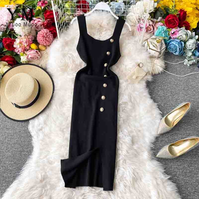 Yuoomuoo ins kvinder sommer strikkjole sommerknapper split bodycon kjole slank dame kontorkjole: Sort