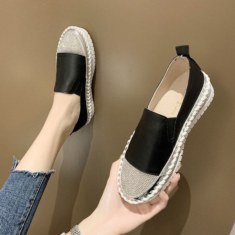 Fujin blanc chaussures décontractées femme nouvelles chaussures printemps chaussures fond épais respirant strass plat femmes chaussures simples: Black / 10