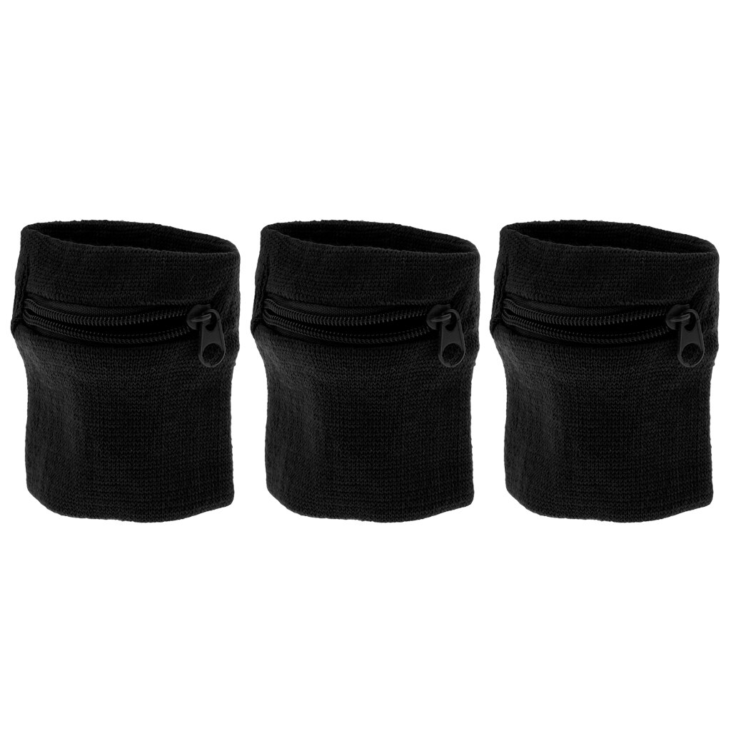 Pakke  of 3 sports tykt ensfarvet armbånd med lynlås/håndledspung (sort) - behagelig og ydeevne