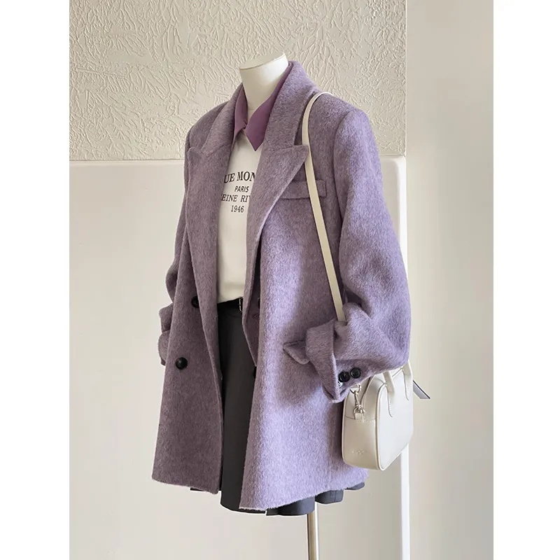 Zachte paarse wollen jas voor dames in herfst en winter 2022, wollen jas met high-end gevoel, klein en kort Koreaanse stijl