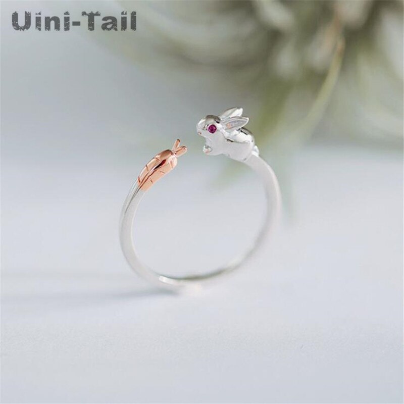 Uini-tail-Anillo de plata de primera ley con forma de conejo para mujer, sortija, plata esterlina , zanahoria, , pequeño, abierto, 925