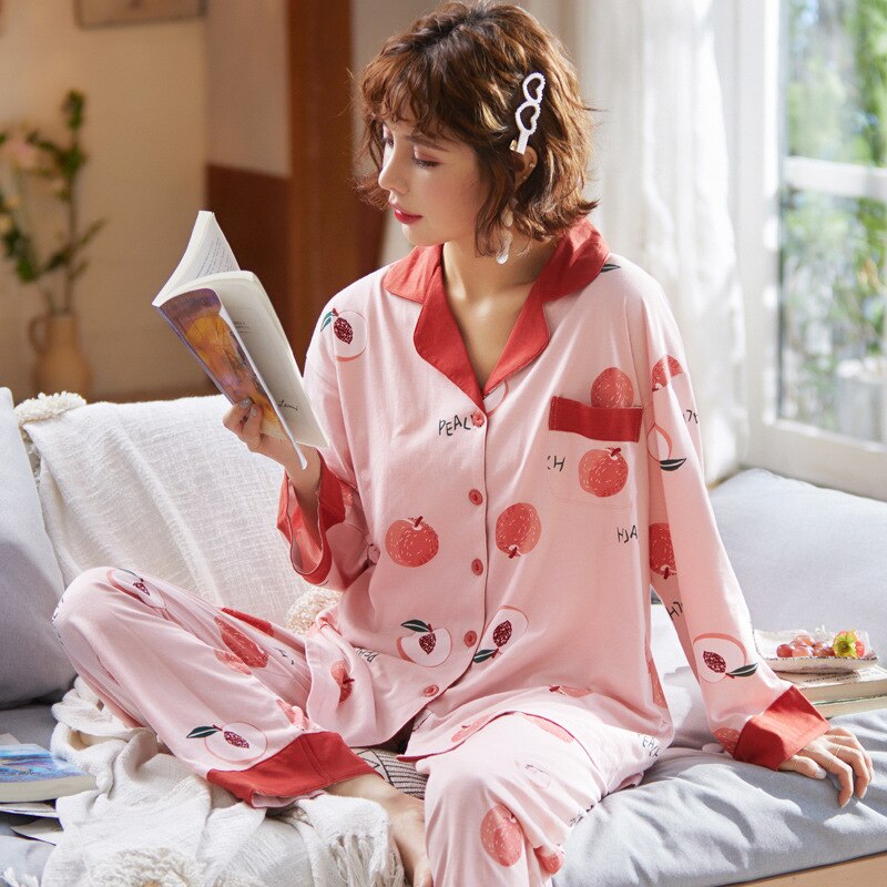 Pijamas de maternidad para mujeres embarazadas, ropa de dormir de algodón con estampado coreano, con cerezas, para amamantar, Otoño,