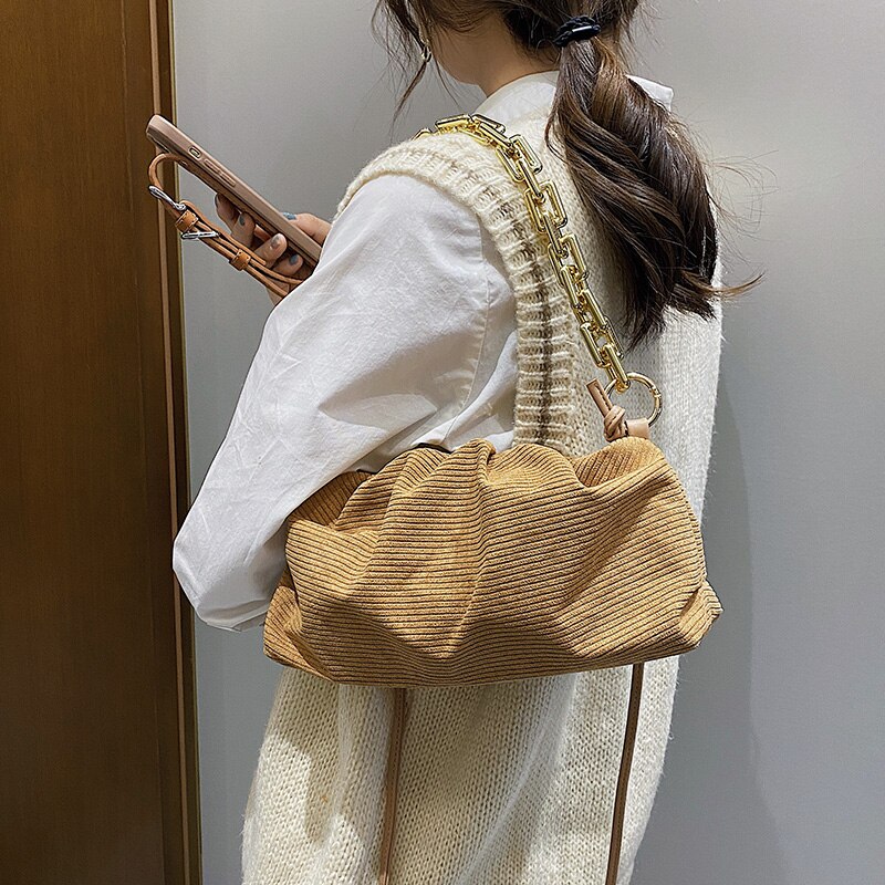 Moda sztruks gruby łańcuch kobiet torebki projektant luksusowe torby na ramię Crossbody torebki Ruched Hobos bagietki torba pani Tote