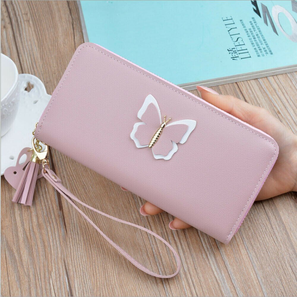 Frauen Dame Zipper Leder Brieftasche Lange Karte Halter Telefon Tasche Fall Geldbörse Handtasche: Light pink