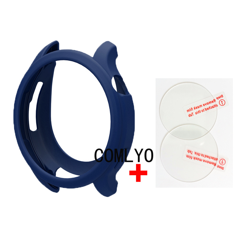 For Amazfit GTR 4 Case Silicone Soft Protective Shell Bumper half Cover Glass Screen Protector Film: Midnight Blue