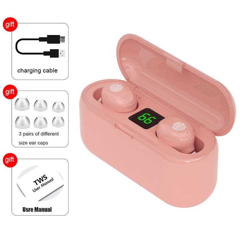 Bluetooth Headphone 5.0 Touch Control Wireless Headset LED Display Earphone Gaming Auriculares Sports Waterproof Earphone F9 TWS: F9-1 pink