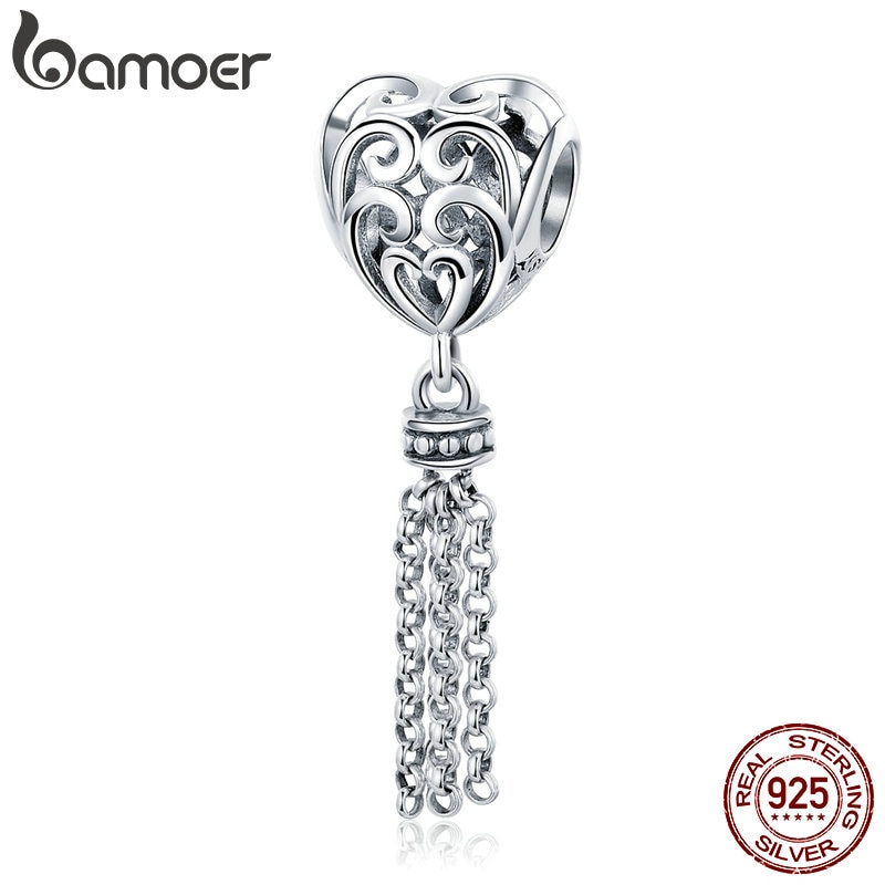 BAMOER 925 Sterling Silver Openwork Cuore con una Lunga Nappa Del Pendente misura Branelli Donne Braccialetti con ciondoli Collane Gioielli FAI DA TE SCC722