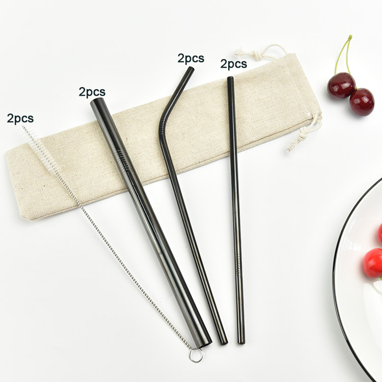 Kitchen Accessories Gadget Reusable 304 Stainless Steel Drinking Straws Metal Drinks Cup Straw With Clean Brush and bag set: black