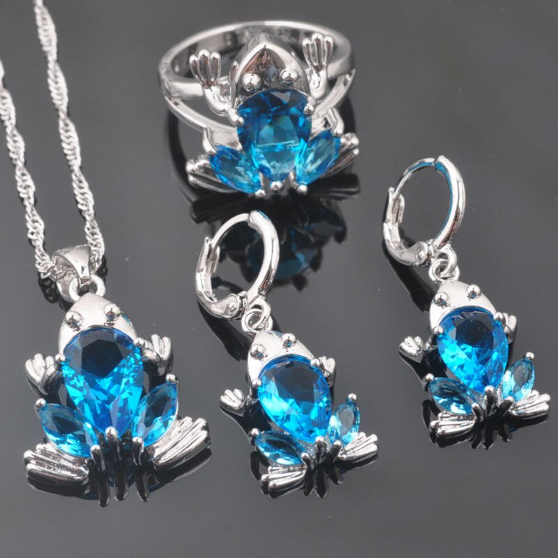 Himmel Blau Zirkon Frosch frauen Party Silber Farbe Schmuck setzt Ohrring Und Halskette setzt Anhänger Ringe Dubai Stil QZ0316