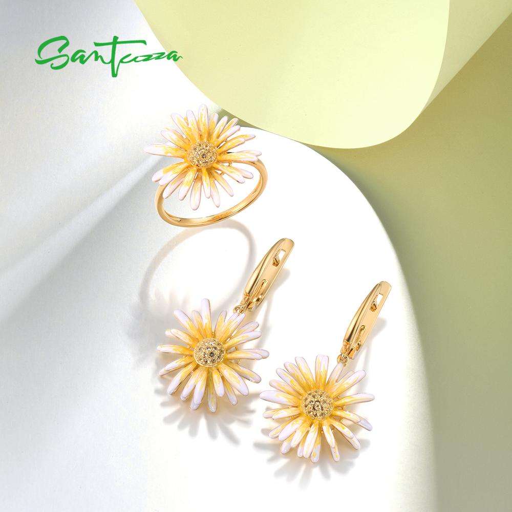 SANTUZZA Silver Jewelry Set for Women 925 Sterling Silver Yellow Daisy Flowers Earrings Ring Set Fine Jewelry Handmade Enamel