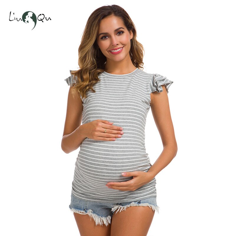 T-shirt femme | Haut sans manches à volants, froncé sur le côté, froissé, vêtements de grossesse, maman
