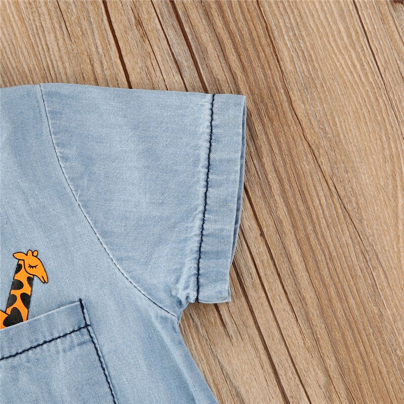 Casual Peuter Baby Jongens Denim Rompertjes Animal Print Korte Mouw Turn Down Kraag Blauw Zomer Jumpsuits