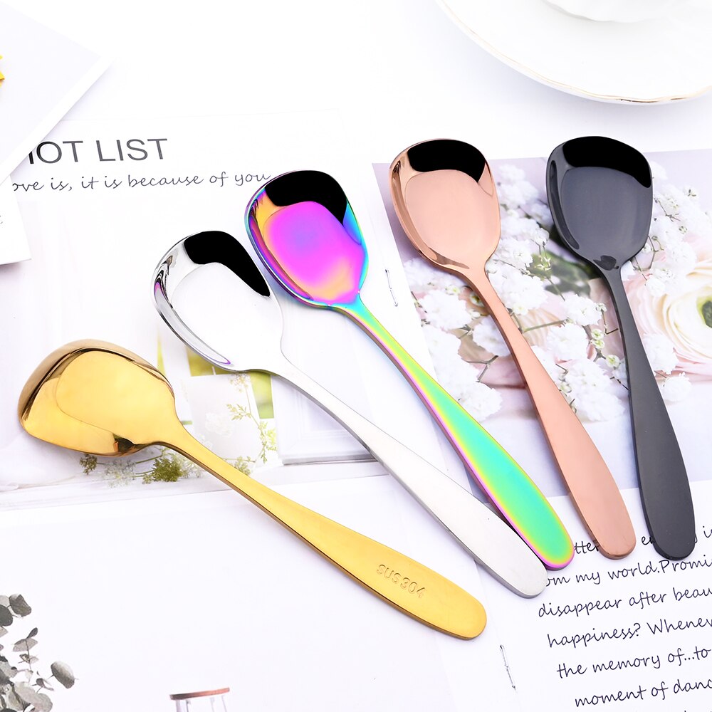 3Pcs Cutlery Stainless Steel Set Plat Bottom Square Dinner Spoons Dinnerware Child Ice Cream Dessert Salad Spoons Silverware Set