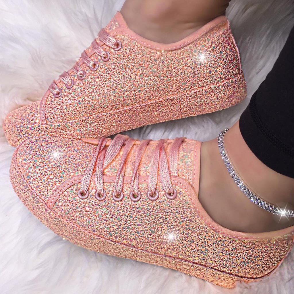 Vrouwen Schoenen Mode Vrouwelijke Casual Platte Bling Glitter Lace Up Comfortabele Zachte Sport Schoenen Dames Sneakers Plus Size C140 #: PK / 36
