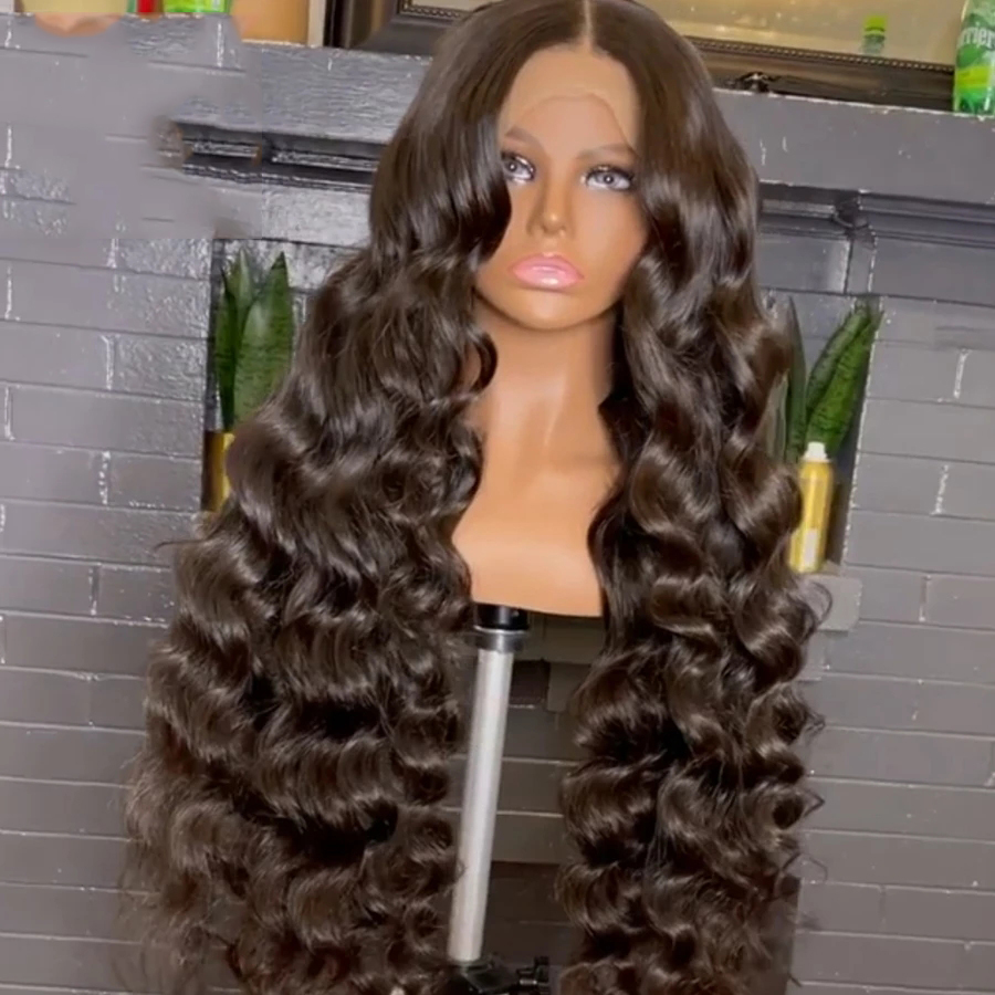 Perruque Lace Front wig sans colle noire naturelle, cheveux synthétiques ondulés de 26 pouces, Fiber haute température, partie T quotidienne