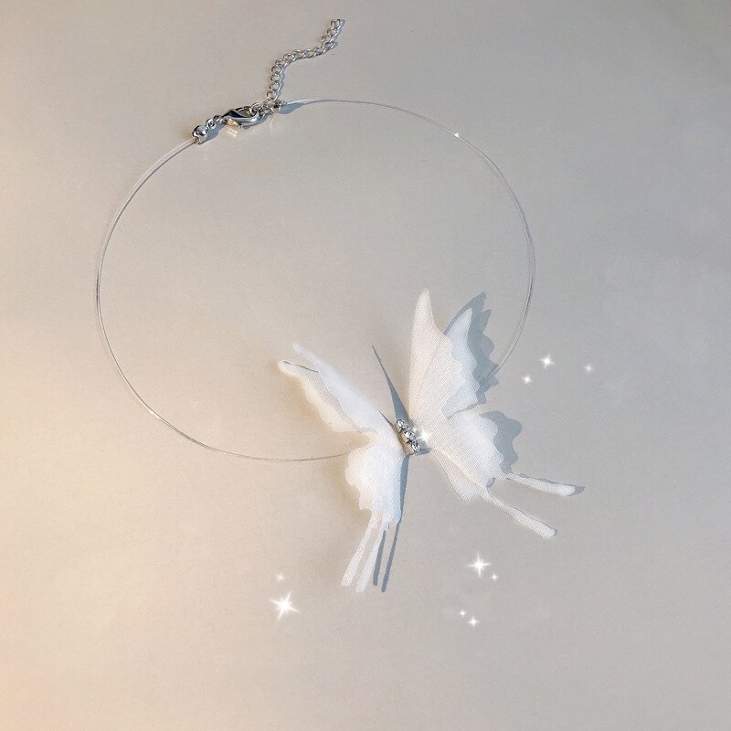 2020 moda fina preto branco grande borboleta collares gargantilha simples transparente linha de pesca colares para mulheres jóias populares: white