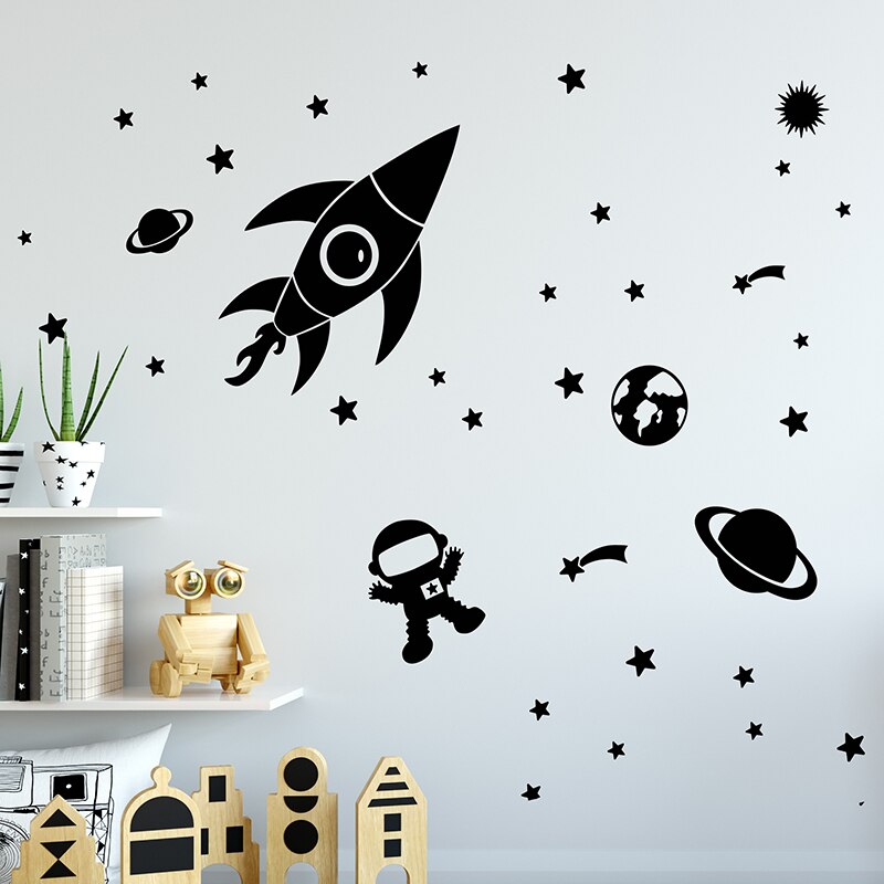 Outer Space Planet Wall Stickers for Kids Room Cartoon Astronaut Art Wall Decals Vinyl Home Decor Baby Nursery Room