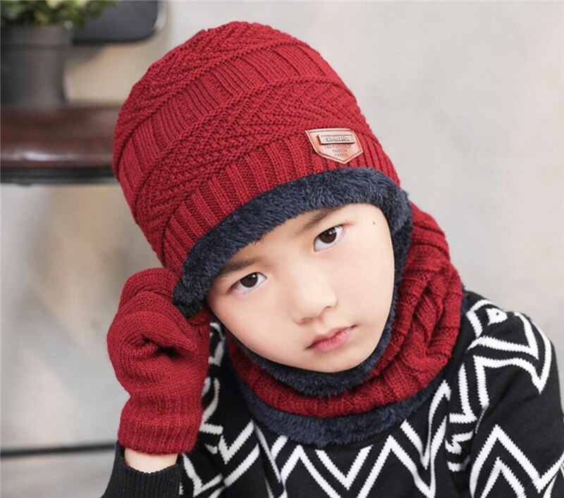 Kinderen winter gebreide muts en sjaal handschoenen set jongen meisjes warme pluche muts 3- delige sets kind outdoor skimuts sjaals effen
