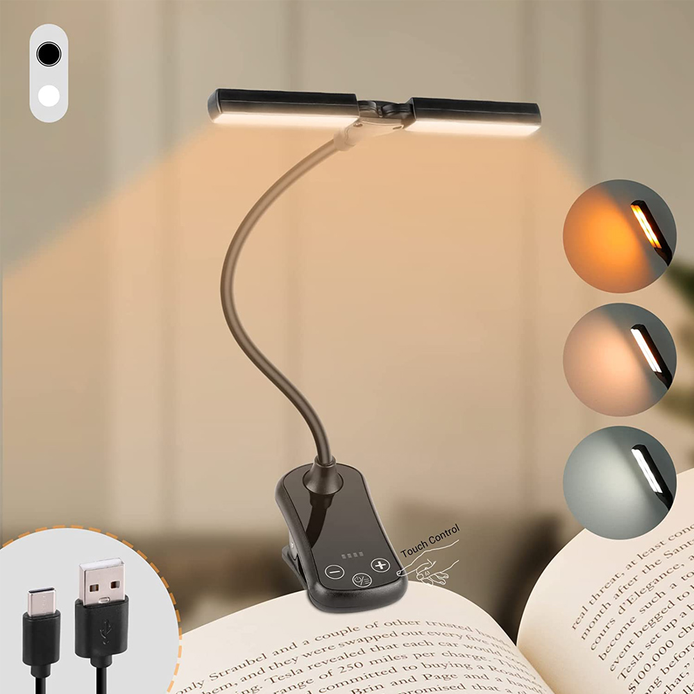 Oppladbar boklampe justerbar doble hoder øyepleie leselampe klipsbar bok/skrivebord trinnløs dimming 24 moduser berøringskontroll