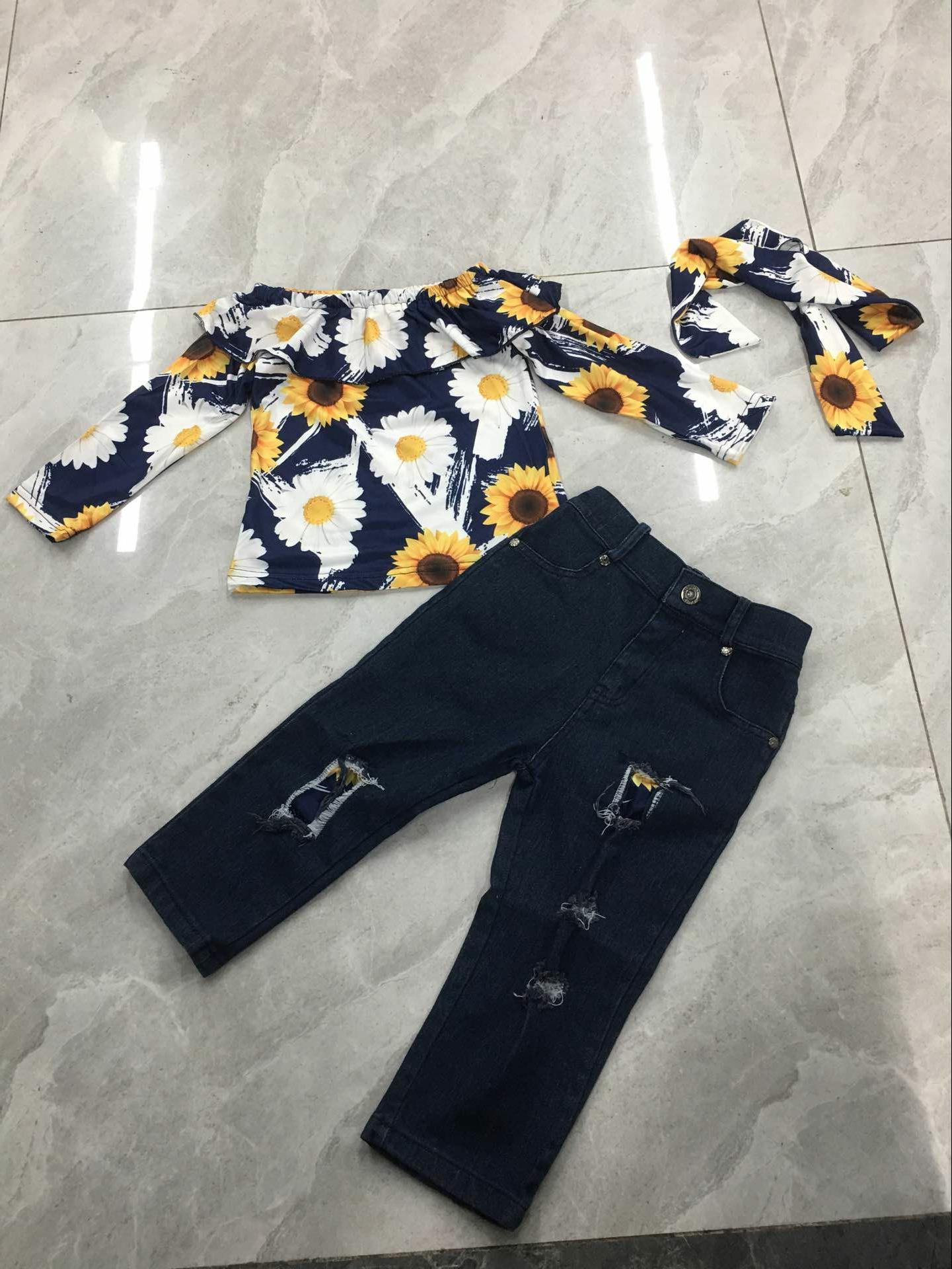 3 uds trajes casuales infantiles, bebé niña estampado de flores manga larga cuello redondo volantes Pullover + vaqueros rasgados + diadema