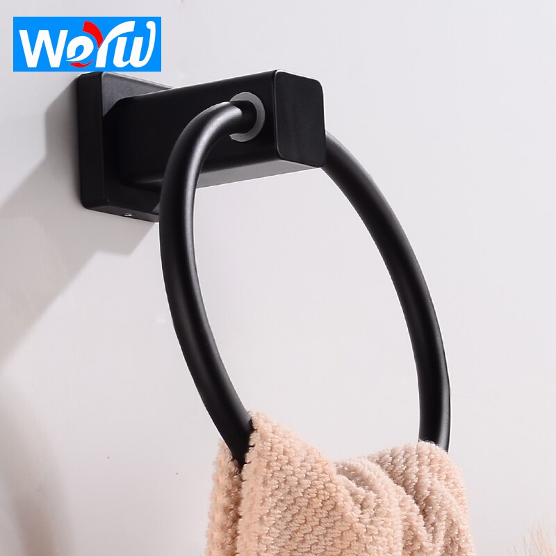 Toallero redondo negro para baño, soporte de anillo de toalla montado en la pared, colgador de riel, Perchero de aluminio, accesorios de baño