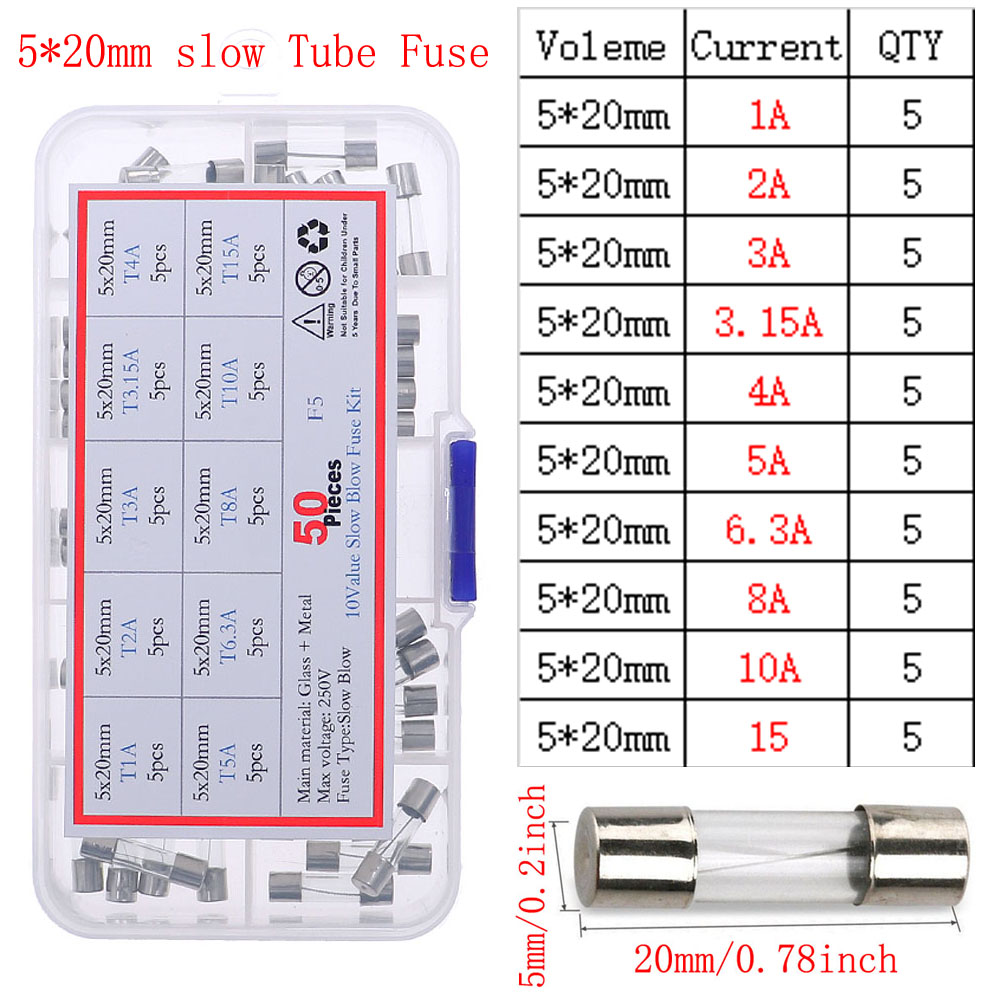 Fusible de vidrio lento y rápido de 12V-250V con kit de mezcla de cables de plomo 0.1A 0.25A 0.5A 1A 2A 2.5A 3A 3.15A 4A 5A 6A 6.3A 8A 10A 15A 16A 20A 30A