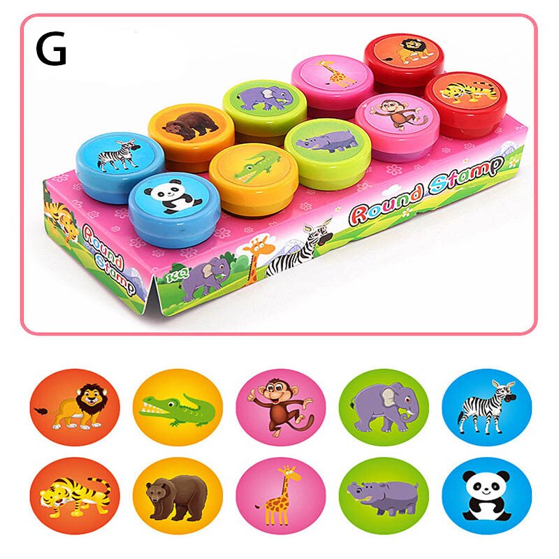 Set de 10 sellos de dibujos animados para niños, sellos de animales, frutas, tráfico, sonrisa, sello para álbum de recortes: G