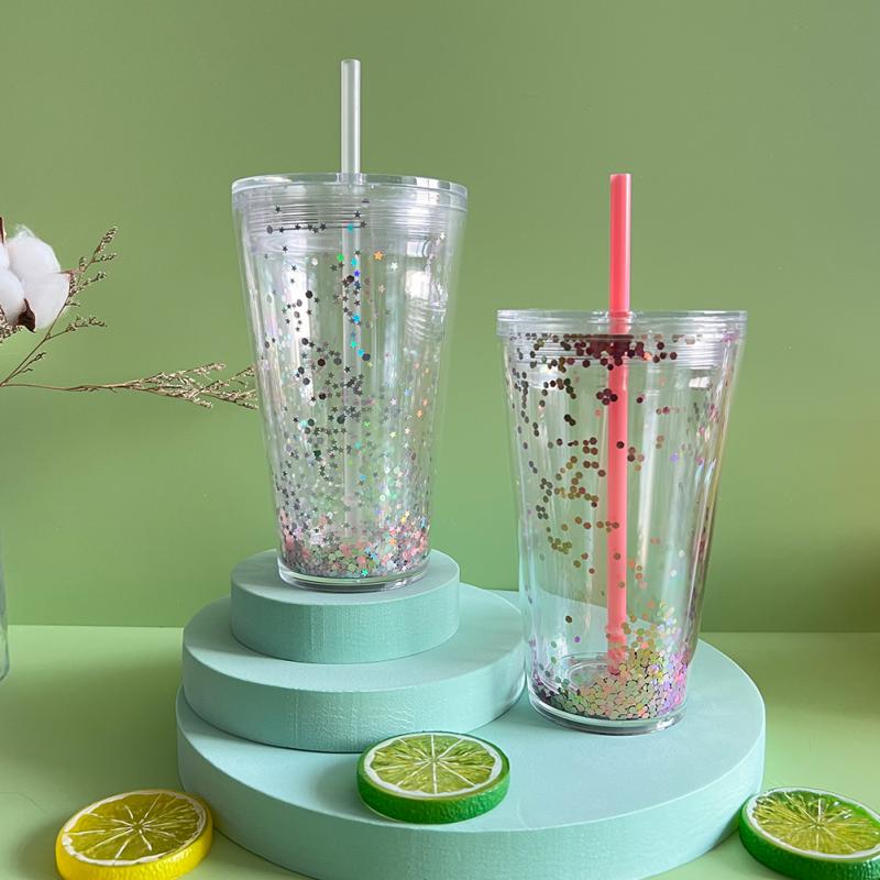 500Ml Dubbele Laag Transparante Plastic Stro Cup Creatieve Water Cup Water Fles Koffie Cup Tumbler Mokken Thee Beker bpa-vrij