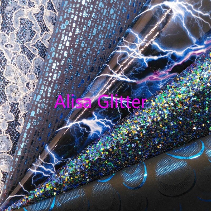 1PCS A4 SIZE 21X29cm Alisa Glitter Blue Glitter Fabric, Lace Glitter Leather, Flashlight Faux leather for DIY G210