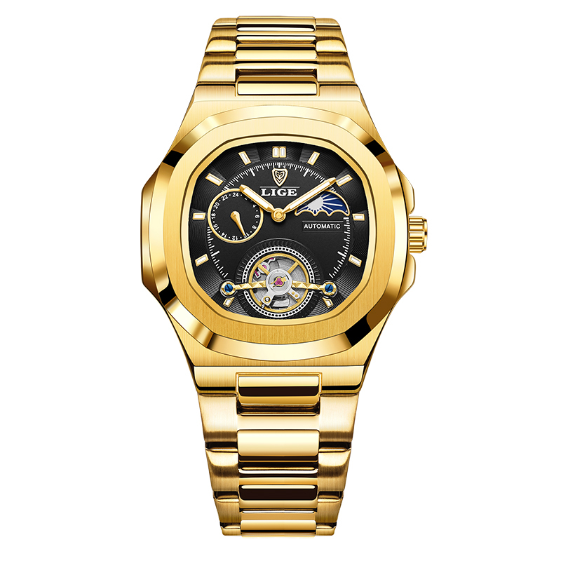 Reloj LIGE Tourbillon de doble segundo, reloj mecánico de 24 horas, reloj auténtico de acero inoxidable para hombre, reloj resistente al agua con brillo nocturno para hombre: Plata