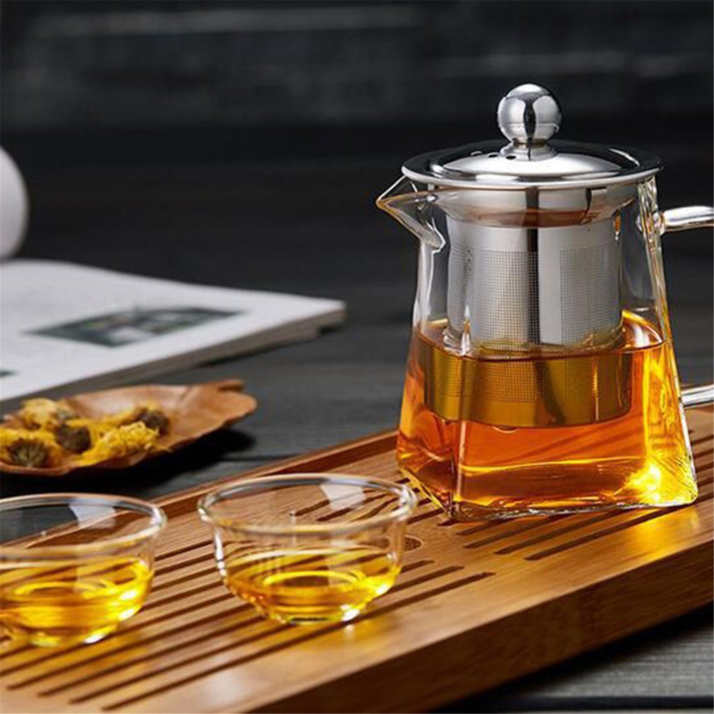 Hittebestendig Glas Theepot Met Roestvrijstalen Theefilter Verwarmde Container Thee Pot Goede Clear Ketel Vierkante Filter Manden