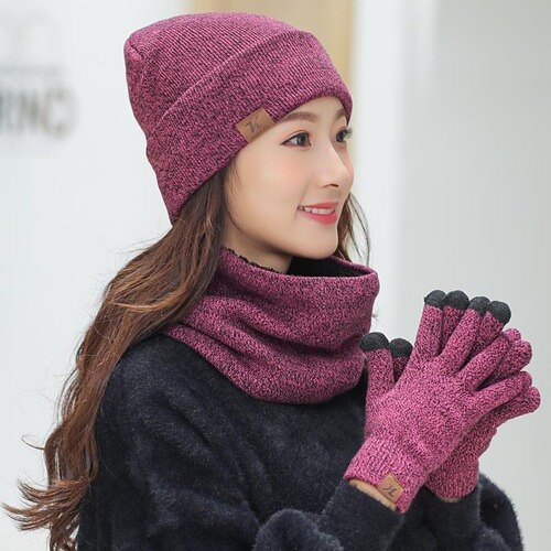 3 Pce/Set gorro bufanda guantes par invierno a prueba de viento grueso bufandas Kit de de Punto más terciopelo sombrero bufanda conjunto para hombres y mujeres: PURPLE