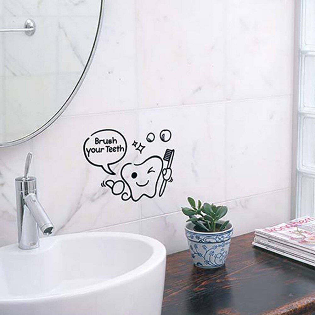 Removable Cartoon Tooth Brush Teeth bathroom glass wash toilet tile personality bath brushing wall sticker Art Decoration