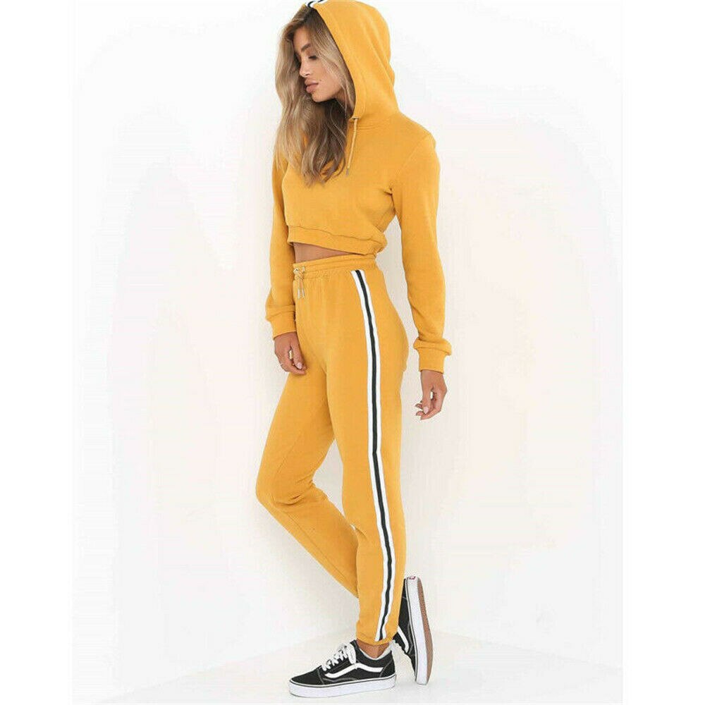 Sport Pak Trainingspak Lange Mouw Vrouwen Streep Running Set Winter Fall Jogging Zweet Broek 2 stuks Sportkleding Vrouwelijke Sport Past: YELLOW / L