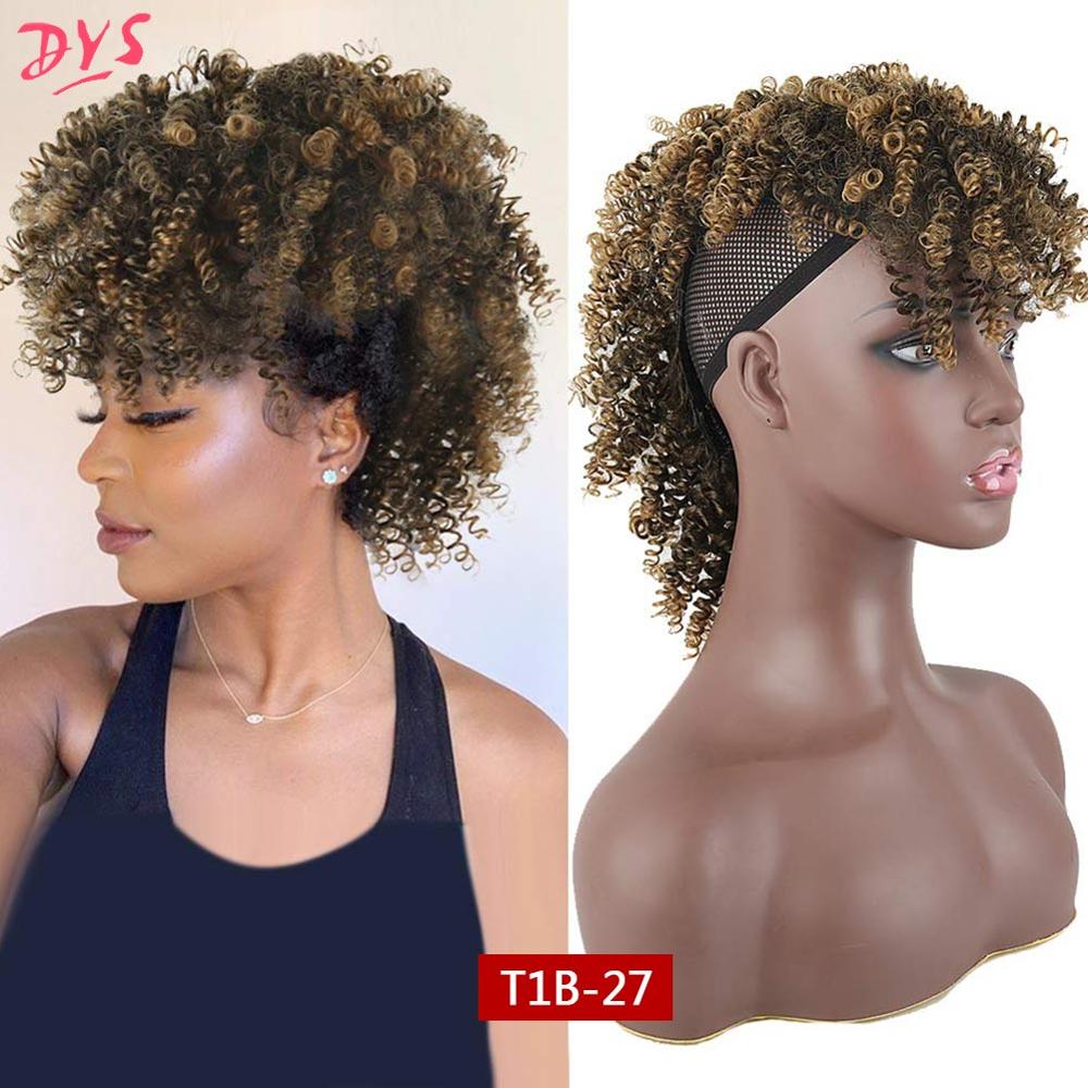 Deyngs Synthetic Mohawk Hair High Puff Ponytail With Bangs Afro Short Kinky Curly Ponytail Clips in Hair Extension: T1B 27