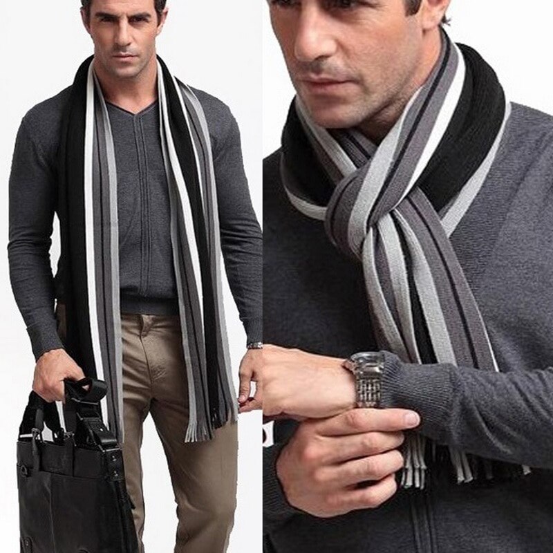 Winter Scarf Men Striped Cotton Scarf Male Brand Shawl Wrap Knit Cashmere Bufandas Long Tassel Scarf Men