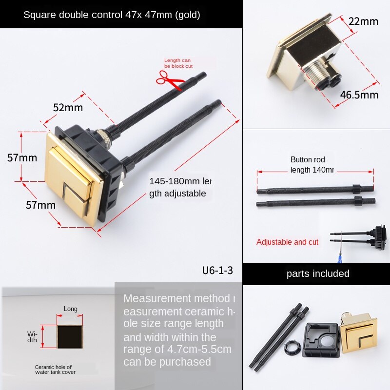 Toilet flush button switch, toilet tank button, square double button, toilet button accessories, universal: U6-1-3