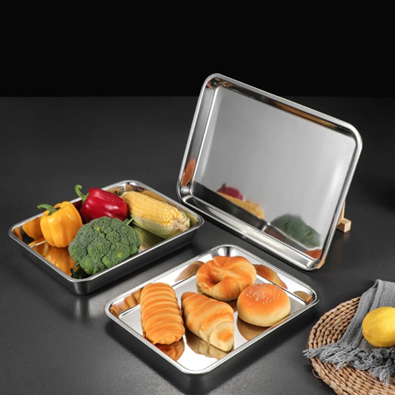 Stainless Steel Baking Tray Steamed Sausage Dish Rectangle Fruit Plate Pizza Bread Pastry Storage Tray Bakeware Tool