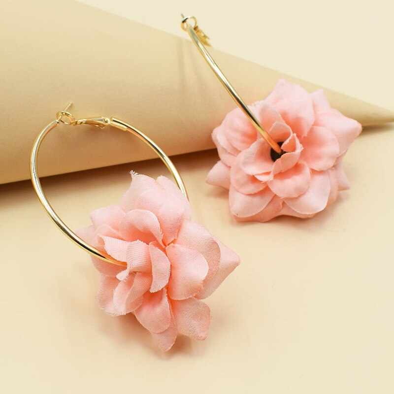 Ins fait à la main tissu mousseline de soie fleurs minimalisme cerceau boucles d'oreilles coréenne Chic femmes fête bijoux: pink