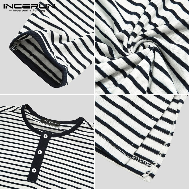 Incerun herre stripete sovetopper lange ermer pustende uformelt rundhals koselig morgenkåpe løst natttøy herre loungewear s -5xl