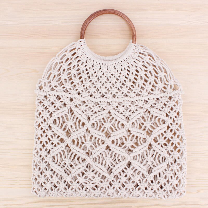 Geweven vrouwen Handtas Netto Zak Handgemaakte Zomer Stro Strand Zakken Bohemen Vrouwelijke Netto Pocket Hollow Ronde Handvat Tote Mesh tas: Beige Net bag