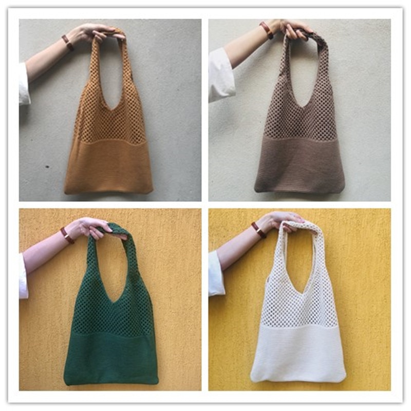 nouvelles femmes sac à tricoter évider couleur unie grande capacité sac à bandoulière décontracté laine tricot fourre-tout sac à main