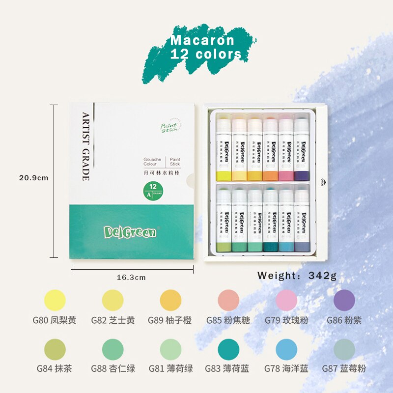 DELGREEN ARTIST GRADE Solid Gouache Paint Sticks/Pastels/Crayons Soft Basic/Macaron 12/18 Colors Graffiti Water Soluble Crayons: Macaron-12colors