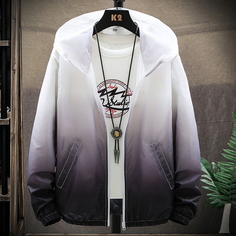 Veste d'été ultrafine pour homme, vêtement d'extérieur résistant au soleil, respirant, dégradé de couleurs, capuche, protection UV, coupe-vent,: Gris / XXXL 75-85kg