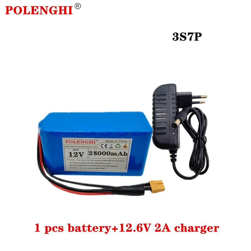 100 % echter 12 V 28000 mAh 3S7P 18650 wiederaufladbarer Lithium-Akku mit großer Kapazität und integriertem intelligentem BMS 12,6 V 2 A Ladegerät: Silber
