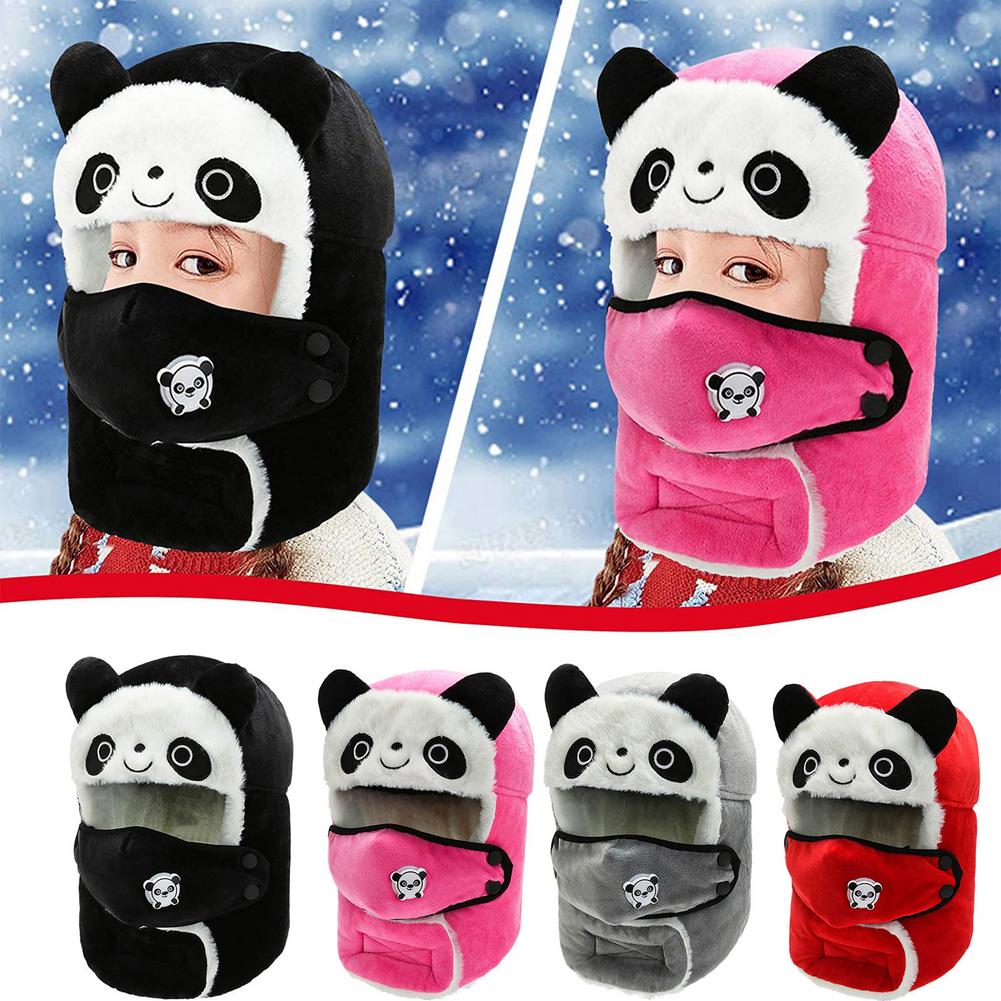Winter Warm Fleece Hat Cute Cartoon Panda Windproof Face Cover Hat For Kids Adult Outdoor Cycling Hiking Skiing Caps Balaclava