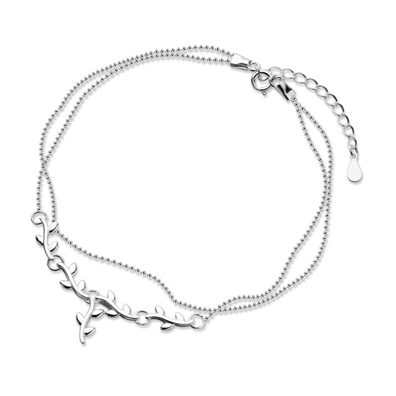 Branches Leaves Anklet 925 sterling silver Leaf Double layer Bead Leg Chain Ankle Bracelets for Women Girl Sandals Foot Jewelry